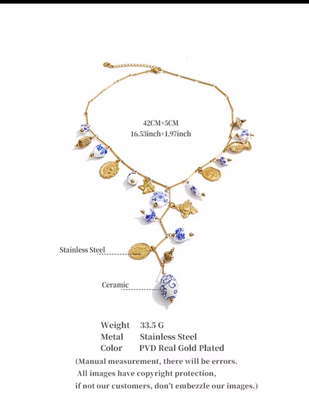 Blue & White Porcelain Charm Necklace – Gold Plated Statement Necklace - Picture 5 of 9
